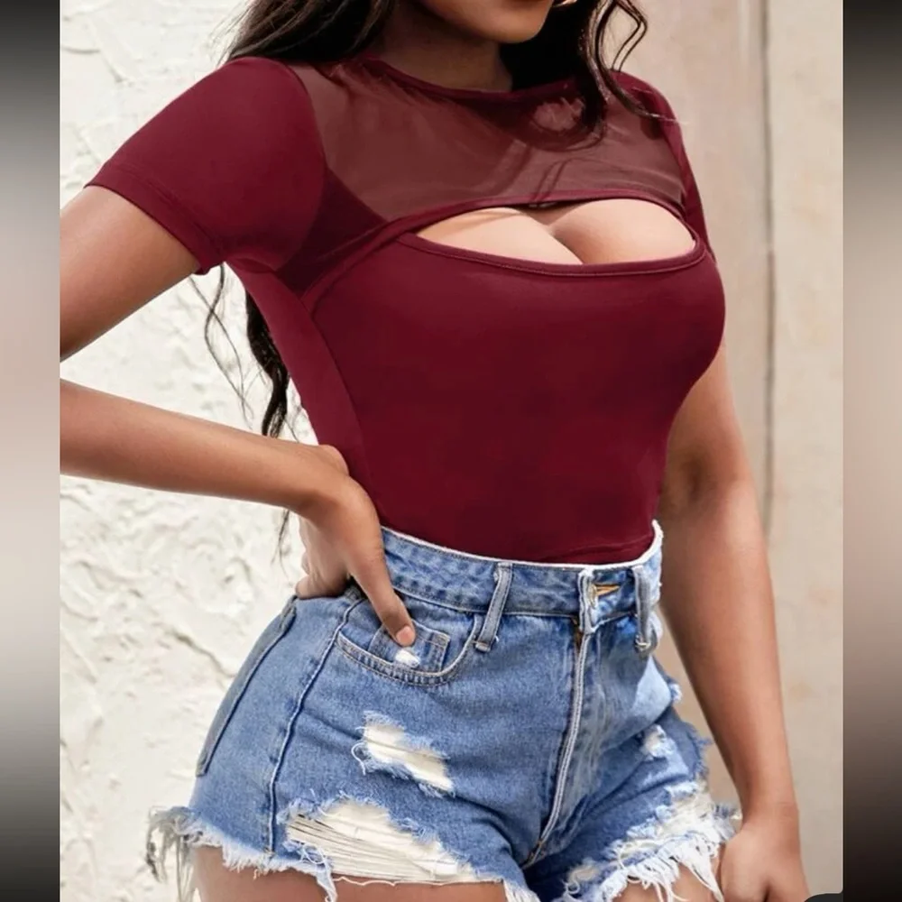Boho contrast mesh cutout top - Picture 1 of 4